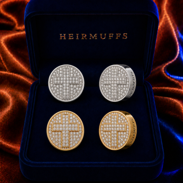 Pave Cross HEIRMUFFS Front Set in silver and gold