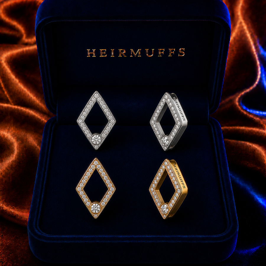 Open Frame Drop Geometric HEIRMUFFS Front Set in silver and gold