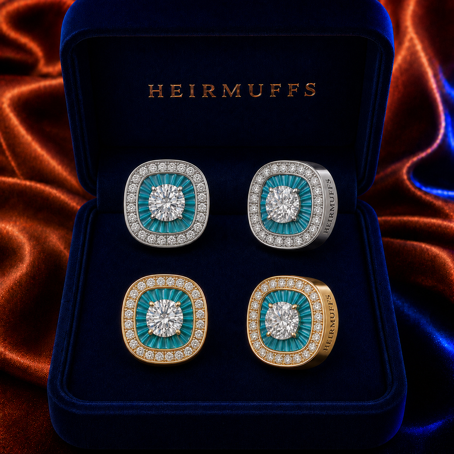 December Blue Teal Topaz HEIRMUFFS Front Set in silver and gold