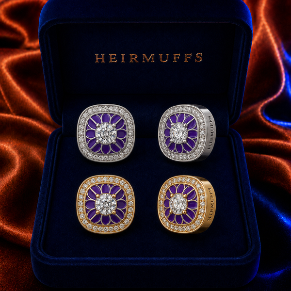 February Purple Amethyst HEIRMUFFS Front Set in silver and gold